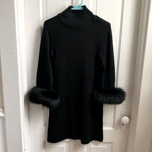 Alice + Olivia Black Long Sleeve Dress with Fur Cuffs